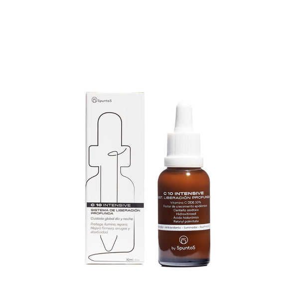 5punto5 C-10 Intensive está enriquecido con Vitamina C pura al 10%, con liberación profunda y progresiva y activos protegidos. Potenciado con Hidroxitirosol, Ácido Ferúlico, Ésteres de Retinol, Centella Asiática y Ácido Hialurónico.