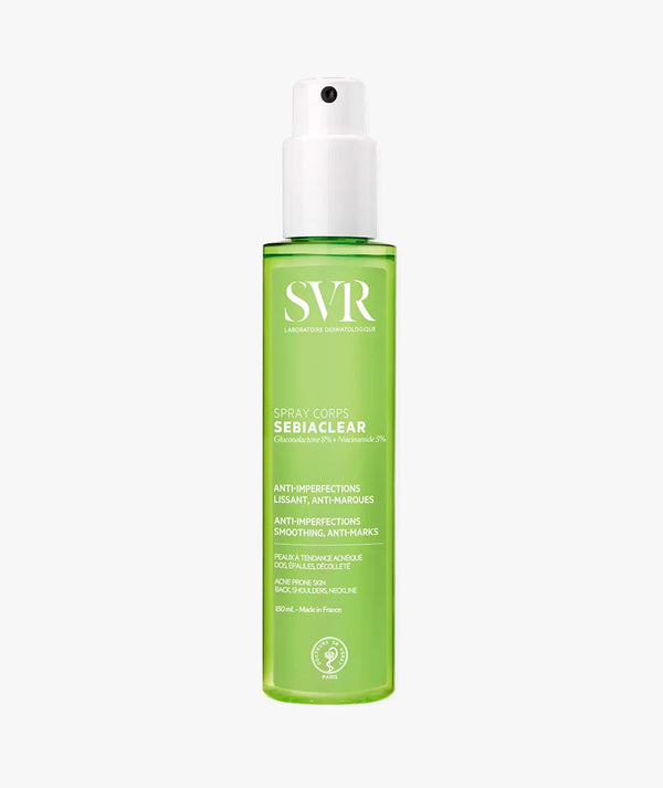 Spray con gluconolactona y niacinamida ideal para tratar el acné corporal y las marcas residuales.
